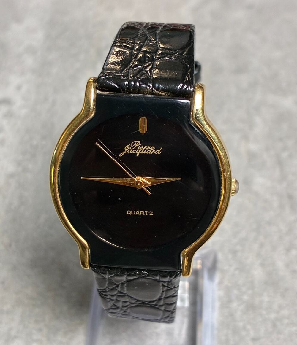 Pierre Jacquard Vintage Men’s Slim Dress Watch 34mm Black Dial Gold Tone Working